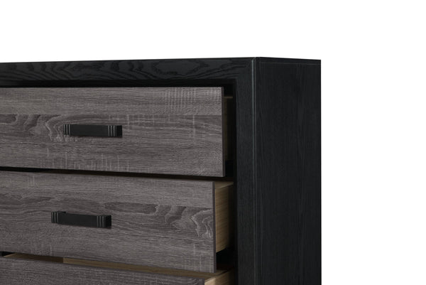 English Elm SOLUTO Five-Drawer Chest in Two-Tone Grey and Black Finish — Urban Farmhouse Solid Wood Design Black+ Gray 34.65 L x 19.69 W x 48.82 H B201P226195