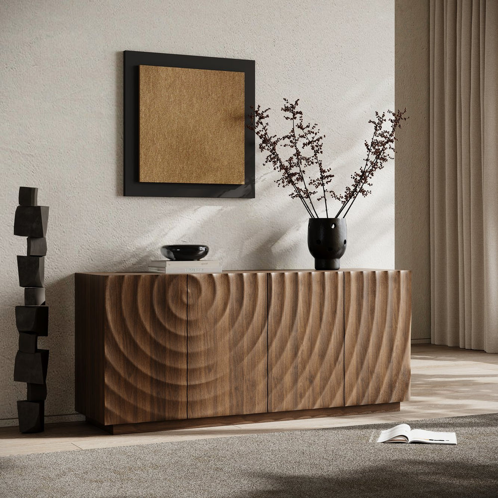 English Elm Buffet Sideboard with 3d Ripple Door Texture Walnut Finish Wide Living Room Storage W2263P467025