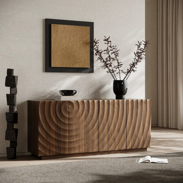 English Elm Buffet Sideboard with 3d Ripple Door Texture Walnut Finish Wide Living Room Storage W2263P467025