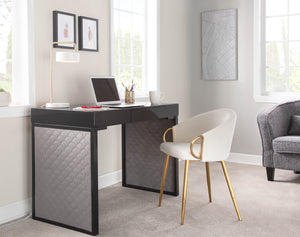 English Elm Upholstered Writing Desk with Silver Velvet Panels Black Steel Base and Dark Wood Top B202P471627