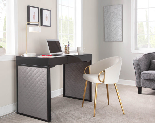 English Elm Upholstered Writing Desk with Silver Velvet Panels Black Steel Base and Dark Wood Top B202P471627