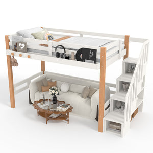 English Elm Twin Pine Wood Loft Bed with Built-in Shelving and Hook for Kids Bedroom W5305S00010
