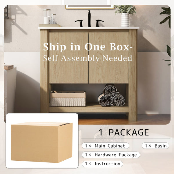 English Elm Christopher Knight Home® - 36" Modern Wall-Mounted Bathroom Vanity with Ceramic Sink, Soft-Close Doors, Fluted Accent & Open Shelves Antique Natural N817P245321N