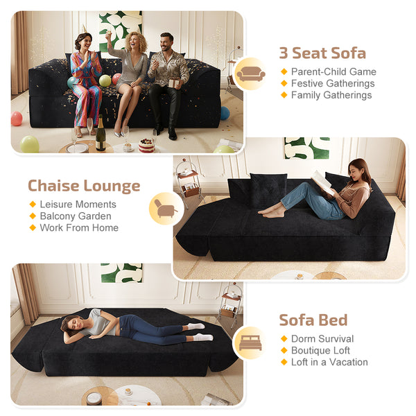 English Elm 3-in-1 Convertible Sofa Bed Sparkling Chenille 79.5" Deep Seat 3-Seater with Chaise & Pillows Black W3219P369309