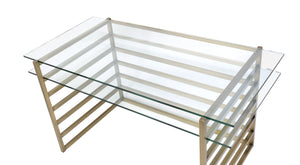 English Elm Shona Tempered Glass Writing Desk with Antique Brass Sled Base for Modern Offices B2726P457136