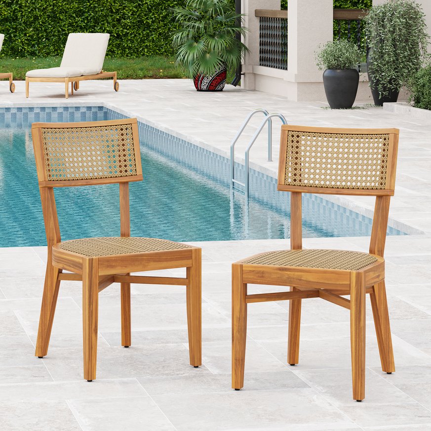 English Elm Christopher Knight Home® - Netro Acacia Wood Dining Chair Set of 2 with Light Brown Wicker Rattan Backrest Rustic Teak Comfort (96) N775P321708T