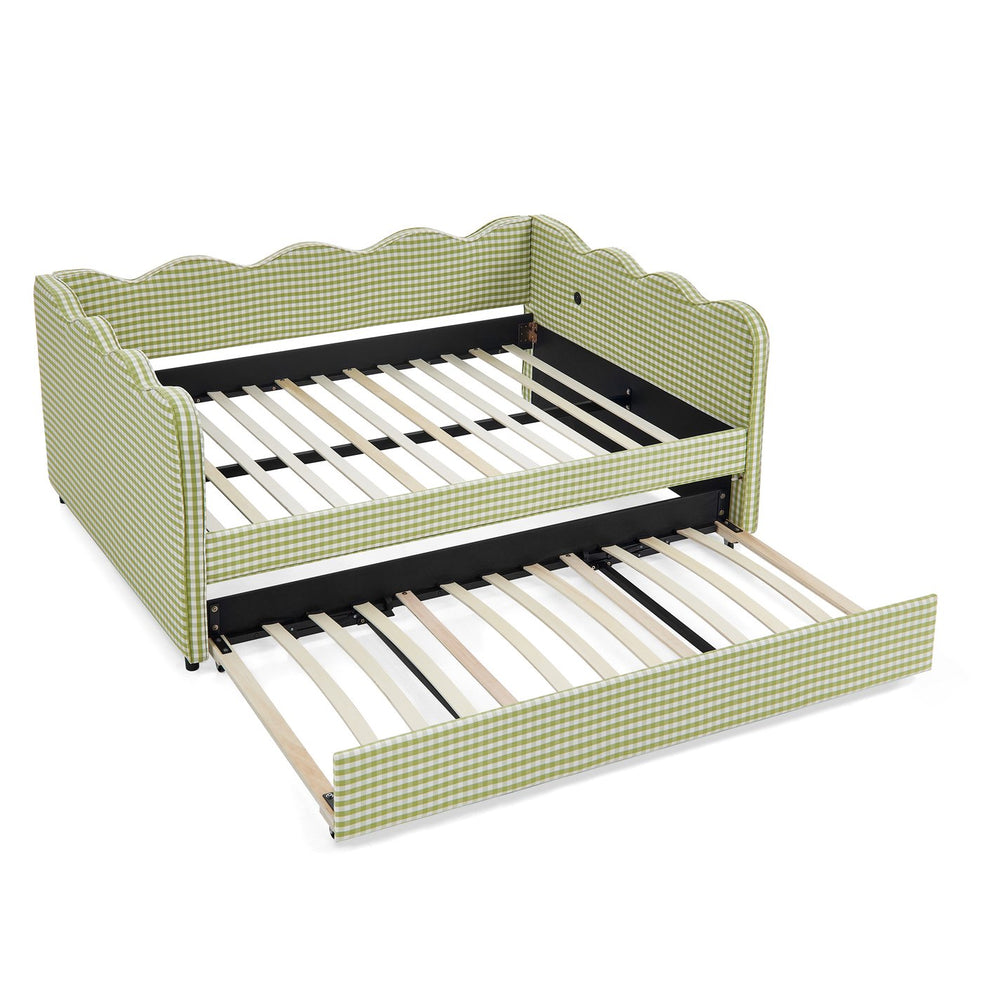 English Elm Full Size Gingham Linen Daybed with Wave Backrest Trundle and Usb Charging Port Green W1413S00139
