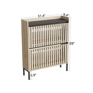 English Elm Fluted,2 Teak & Black Flip Shoe Cabinet with Fenced-Element Doors, Compact Multi-Layer Entryway Storage Solution W2673P209455
