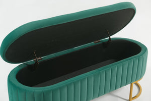 English Elm Oval Velvet Storage Bench with Metal Legs — Luxurious Upholstered Ottoman with Lift-Top Storage, 300lb Capacity, Modern Decorative Seating Green T3903P372933
