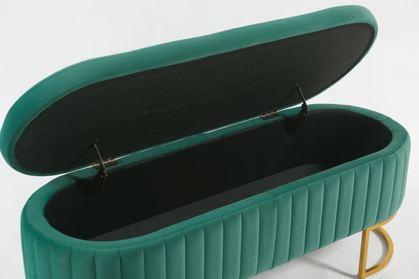 English Elm Oval Velvet Storage Bench with Metal Legs — Luxurious Upholstered Ottoman with Lift-Top Storage, 300lb Capacity, Modern Decorative Seating Green T3903P372933