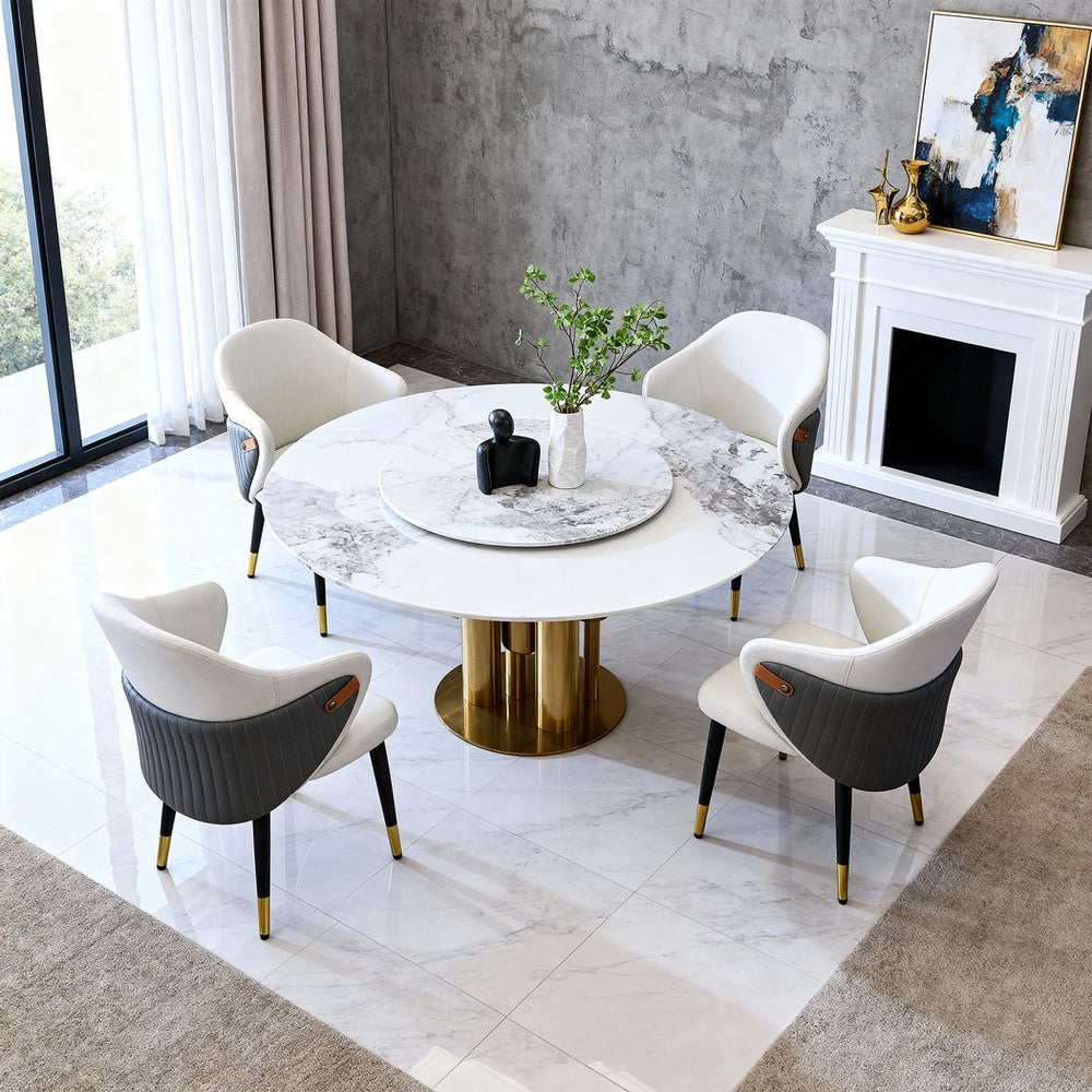 English Elm 59" Round Sintered Stone Dining Table Built-in Lazy Susan Seats Four Modern W2699S00094