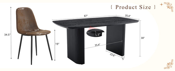 English Elm Table Set: Modern 67" Black Wood Grain Dining Table With 6 Comfortable Techno-Fabric Chairs, Durable Design W1151S04152-GIGA