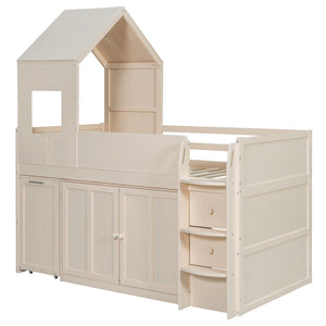 English Elm Twin House Loft Bed with Pull Out Rolling Desk Stair Drawers and Cabinet Storage Beige N820S00072A