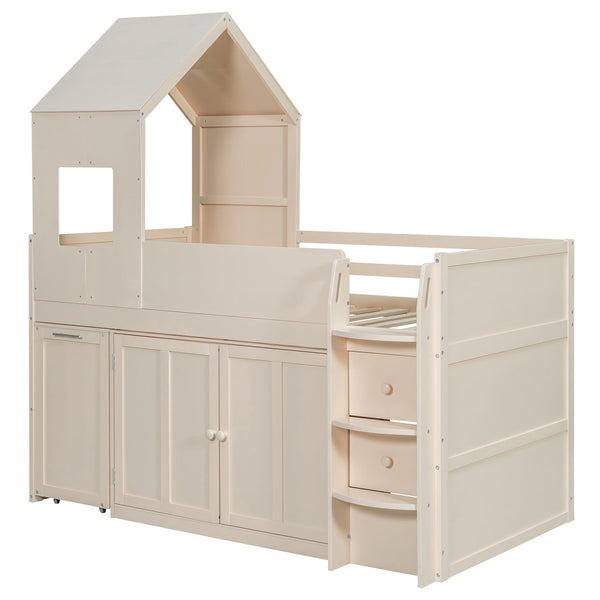 English Elm Twin House Loft Bed with Pull Out Rolling Desk Stair Drawers and Cabinet Storage Beige N820S00072A
