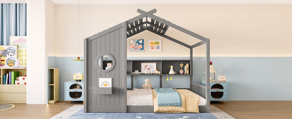 English Elm Full House Floor Bed with Roof Playhouse Design, Montessori Style with Rear Storage Shelf, Sturdy Pine Gray 78.5 L x 16.35 W x 8 H N733P335068E