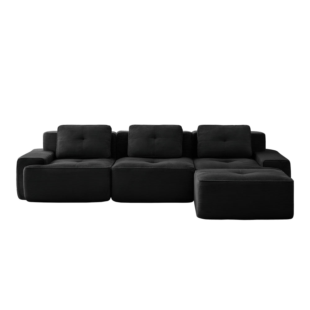 English Elm 117" L-Shaped Modular Sectional Sofa In Black - Soft Corduroy, Deep Seats, Movable Ottoman, No Assembly! W714S01477
