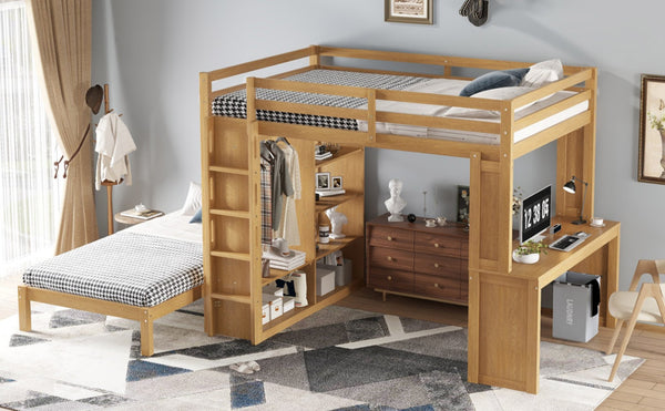 English Elm Queen Over Twin Bunk Bed With Built-In Desk, Storage, And Dismountable Lower Bed - Natural Wood W1580S00216-GIGA