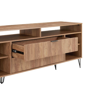 English Elm Dumbo 63" Fluted Media Console with Gold Legs, 2 Drawers, 6 Shelves & Wire Management Elegance Brown B365P397913