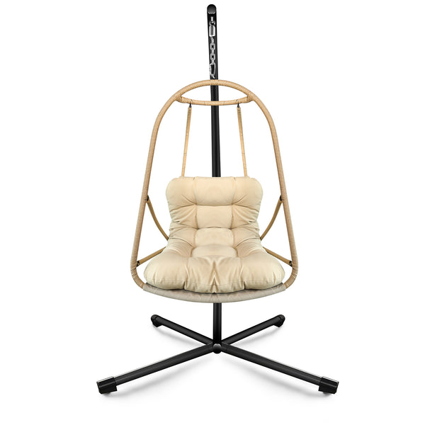 English Elm Swing Egg Chair with Stand - Foldable Rattan Hanging Basket Seat, Cushioned Comfort, Cup Holder Beige+Brown W2707P388617