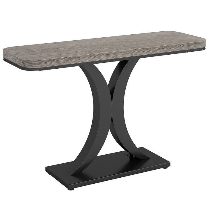 English Elm Compact Industrial Console Table Rustic Wood Top Metal Base Slim Entryway Accent T3971P448553