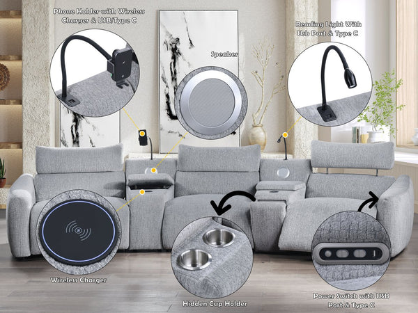 English Elm Fullar Light Gray Modular Power Motion Sectional Sofa with Console, 2 Wireless Chargers & Speakers B2726S00524