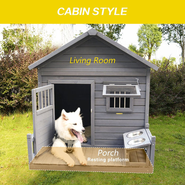 English Elm Large Breed Outdoor Doghouse Solid Fir Wood Covered Porch Weatherproof Asphalt Roof W1431S00010