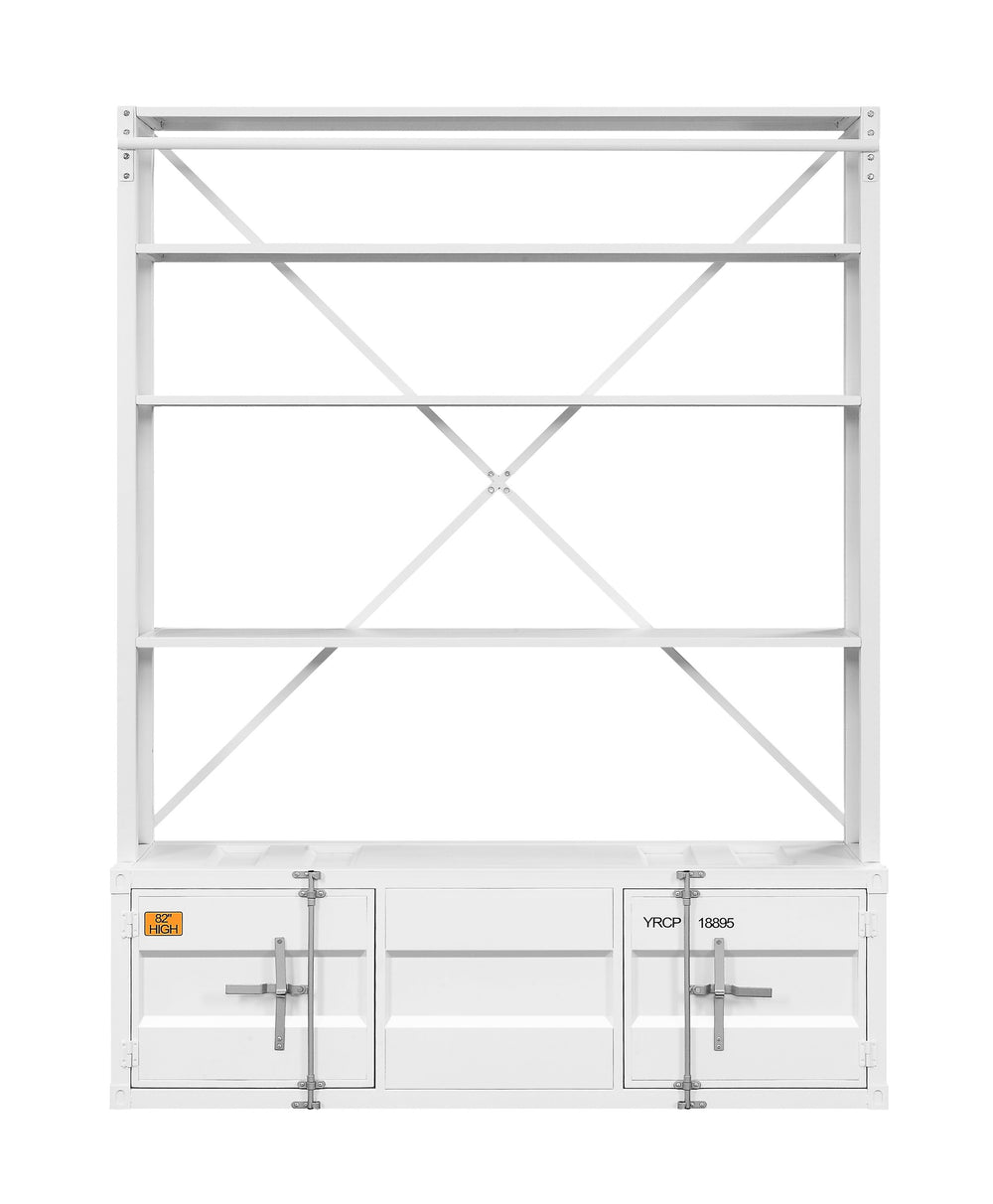English Elm Cargo White Metal Bookcase w/Removable Ladder, 4 Open Compartments, 2 Doors, Cargo Container Style Lock B2726P285359