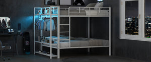 English Elm Full Size Metal Bunk Bed With Led Lights, Storage Shelves & Hooks - Stylish Space-Saver In White N7090000667K