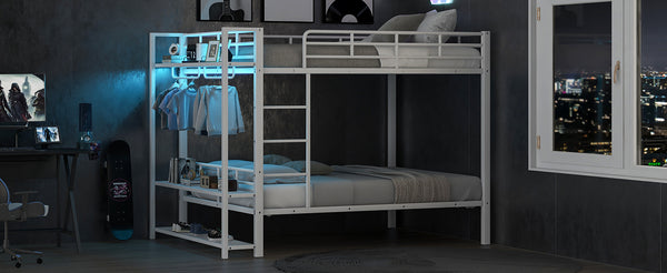 English Elm Full Size Metal Bunk Bed With Led Lights, Storage Shelves & Hooks - Stylish Space-Saver In White N7090000667K