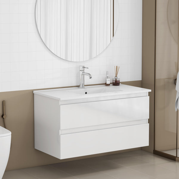 English Elm 36-inch Glossy White Bathroom Vanity with Ceramic Sink Soft Close Drawers Minimalist W3151S00065