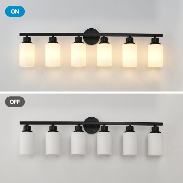 English Elm 6-light Matte Black Linear Wall Sconce White Glass Shades for Bedroom or Vanity W5008P389852