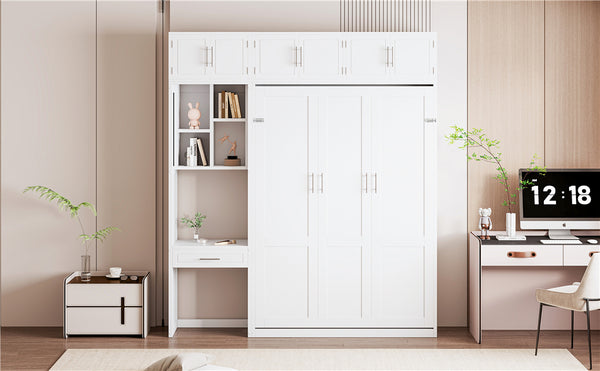 English Elm Full Size Murphy Wall Bed with Fold Away Desk Cabinet and Shelves for Small Spaces N708S00020K-1