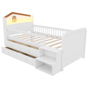 English Elm Low Twin Loft Bed with House-Style Headboard and Built-In LED Lights for Modern Kids' Rooms White 42.91 L x 28.35 W x 6.69 H W2593S00006