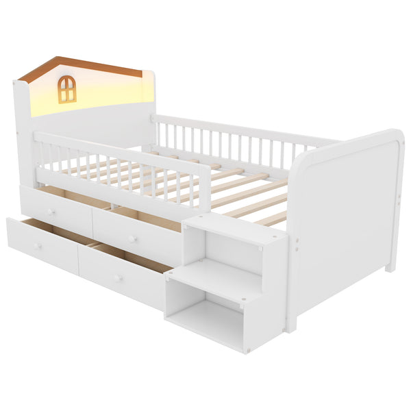 English Elm Low Twin Loft Bed with House-Style Headboard and Built-In LED Lights for Modern Kids' Rooms White 42.91 L x 28.35 W x 6.69 H W2593S00006