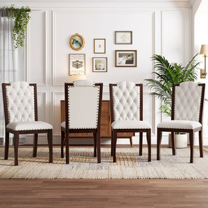 English Elm Upholstered High-Back Dining Chairs Set of 4 with Diamond Tufting, Nailhead Trim & Solid Wood Legs, Durable Comfort for Kitchen, Dining Room, Restaurant Seating Beige,Espresso N752P331360P