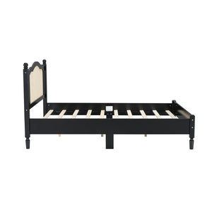 English Elm Queen Arched Rattan Headboard Platform Bed Matte Pine Frame No Box Spring Needed Black N733P180013B