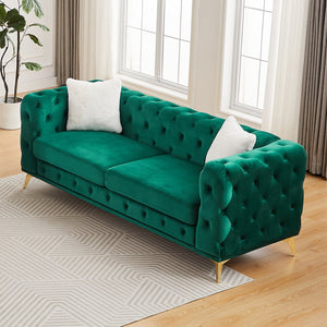 English Elm Fx Chesterfield Velvet Sofa with Diamond Tufting Polished Legs and Accent Pillows Green W1926S00081