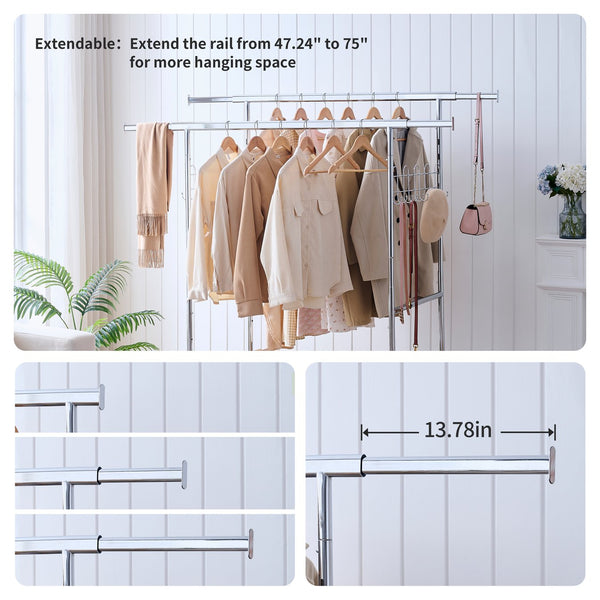 English Elm Double Rod Steel Garment Rack Rolling Collapsible Heavy Duty Closet Storage W1903P172833