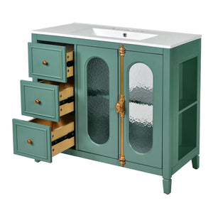 English Elm 36-inch Modern Bathroom Vanity Pine Frame Ceramic Sink 3 Drawers Glass Door Cabinet N710P223192F