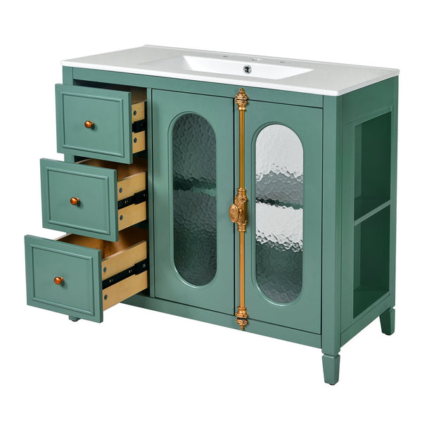 English Elm 36-inch Modern Bathroom Vanity Pine Frame Ceramic Sink 3 Drawers Glass Door Cabinet N710P223192F