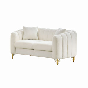 English Elm 63" Chenille Loveseat Sofa Luxury 2-Seater Deep Tufted Couch with Gold Metal Legs and Pillows Beige W3373S00036