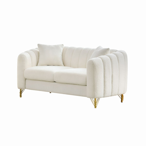 English Elm 63" Chenille Loveseat Sofa Luxury 2-Seater Deep Tufted Couch with Gold Metal Legs and Pillows Beige W3373S00036