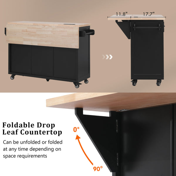 English Elm K&k Farmhouse Rolling Kitchen Island Drop Leaf Power Outlet Five Drawers Cabinet Storage Black N707S263094B