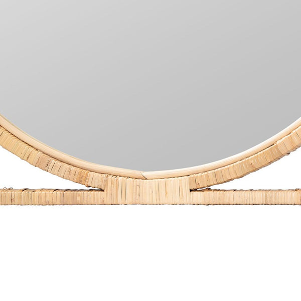 English Elm Japandi Round Rattan Wall Mirror Openwork Square Frame Organic Handcrafted Accent B2750P420418