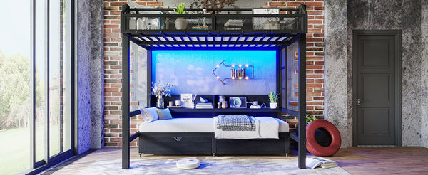 English Elm Twin Over Metal Bunk Bed with Led Lights Usb Ports Drawers and Sofa Conversion W5305S00002