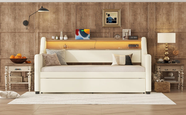 English Elm Twin Size Daybed With Trundle, Led Lighting & Charging Station For Stylish Sleepovers In White W1580S00024-GIGA