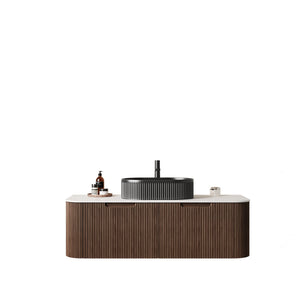 English Elm Dina Floating Bathroom Vanity with Crystal Glass Basin and Sintered Stone Top Black + Dark Walnut,Carrara White W2615S00203