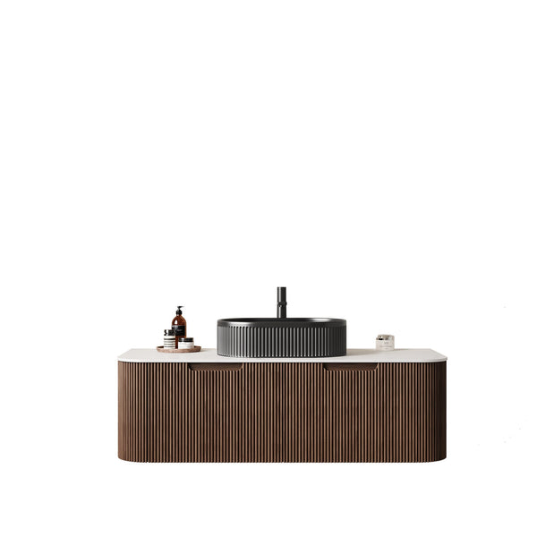 English Elm Dina Floating Bathroom Vanity with Crystal Glass Basin and Sintered Stone Top Black + Dark Walnut,Carrara White W2615S00203