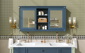 English Elm 55 Inch Wall Mount Medicine Cabinet Dual Mirrored Doors Soft Close Bathroom Vanity Storage Blue N710P401342C