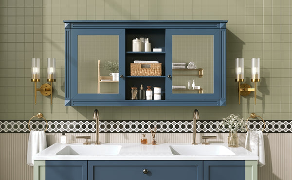English Elm 55 Inch Wall Mount Medicine Cabinet Dual Mirrored Doors Soft Close Bathroom Vanity Storage Blue N710P401342C